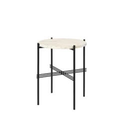 Mesa auxiliar TS Round, Natural white travertine, ø40, base negra*GUBI Online