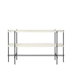 Mesa consola TS 120x30x72 cm, Natural white travertine, base negra, 2 estantes de mármol*GUBI Hot