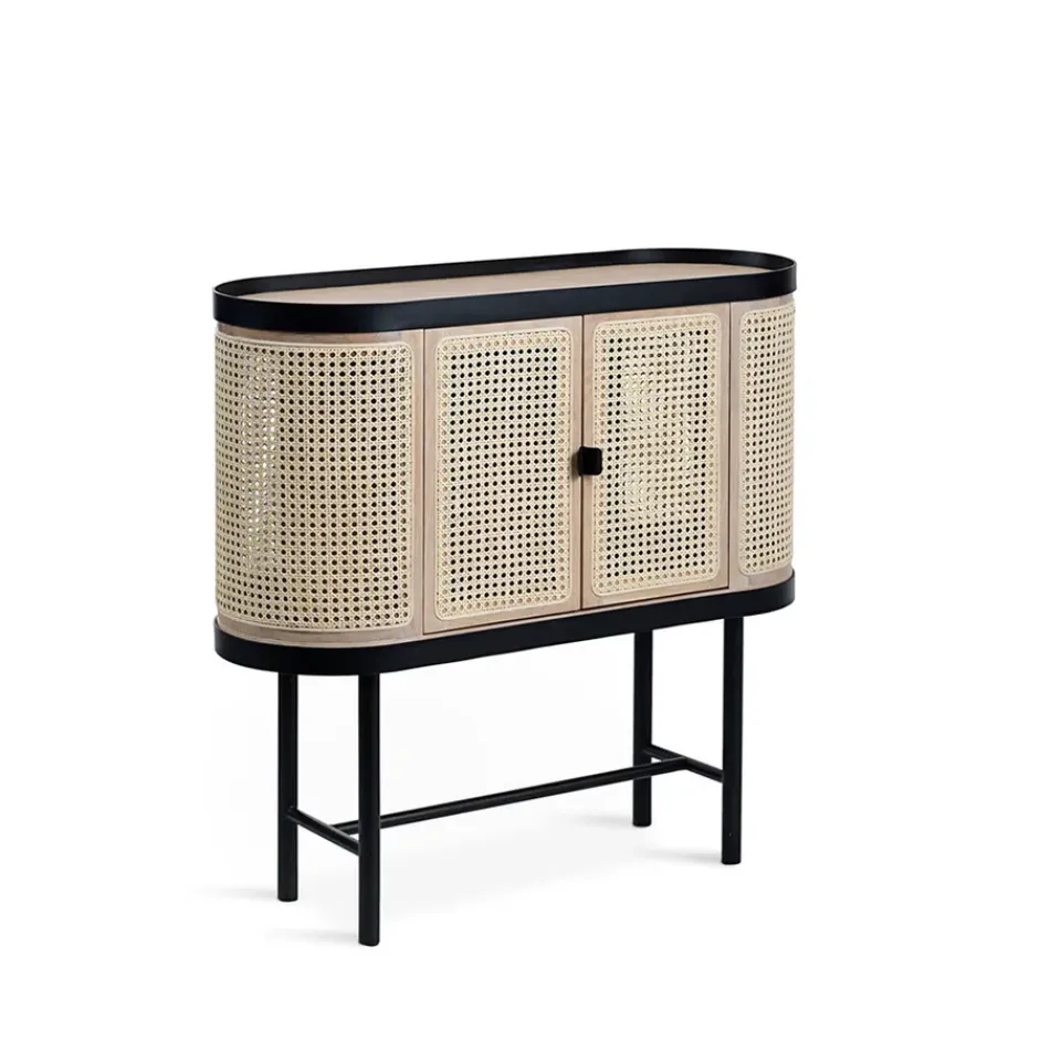 Mueble bar Be My Guest, Ratán, roble aceitado blanco, base de acero en color negro*Warm Nordic Sale