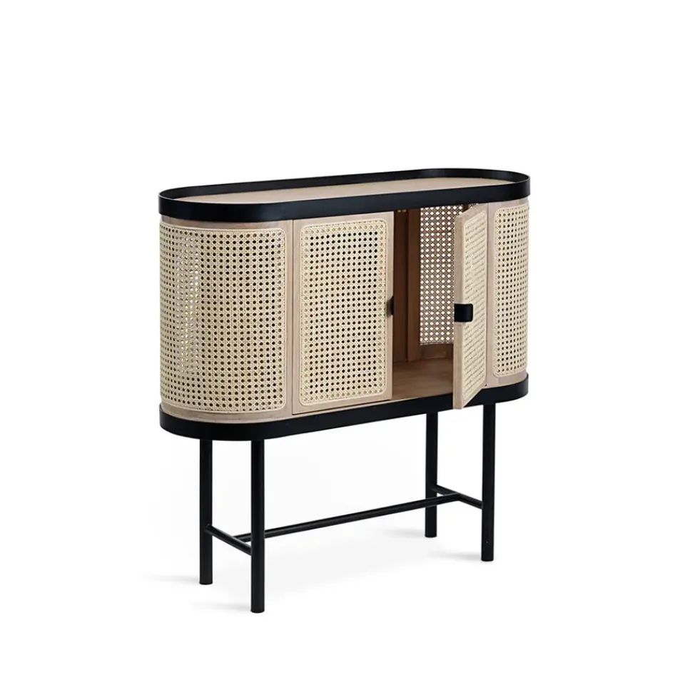 Mueble bar Be My Guest, Ratán, roble aceitado blanco, base de acero en color negro*Warm Nordic Sale