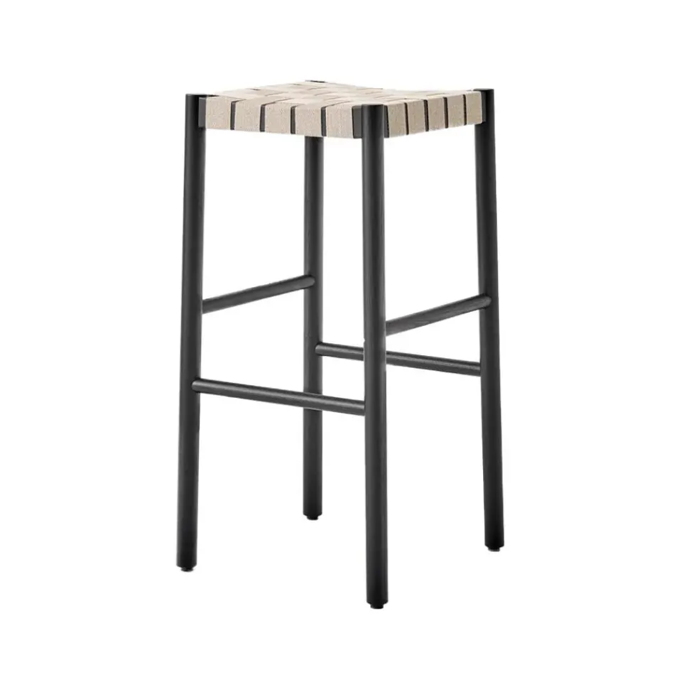 Taburete bar Betty TK8, Black, asiento de banda de lino trenzada natural*&Tradition